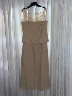 Beige Sleeveless Maxi Dress with Sheer Neckline and Embellished Bodice